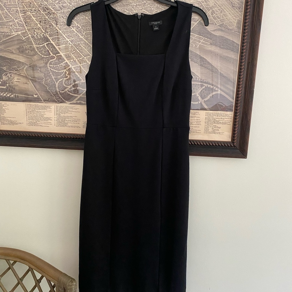 Classic black Ann Taylor sheath dress with square neckline.